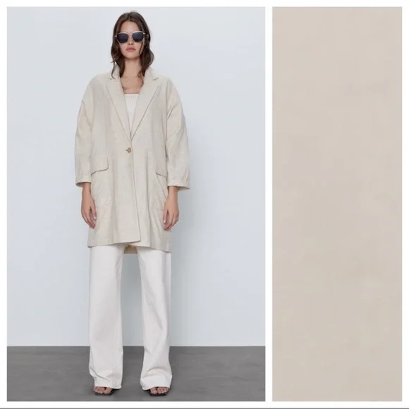 Zara Linen Blend Cream Tan Rustic Oversized Long Blazer Jacket - Picture 1 of 10